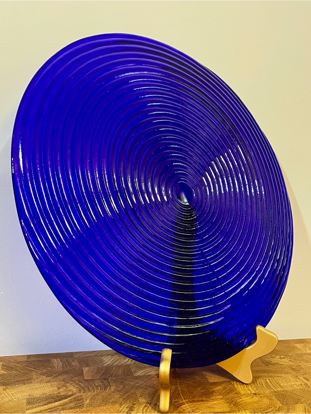 Large 15" Glass Platter Spiral Optic Swirled Cobalt Blue Decor